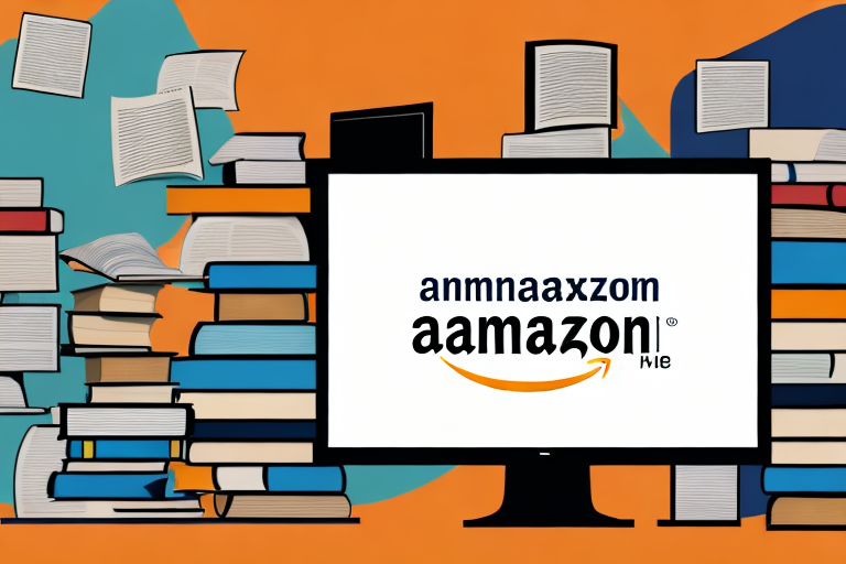 A stack of various second-hand books next to a computer displaying amazon's homepage on the screen