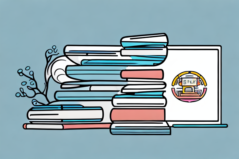 A stack of various books next to a stylized