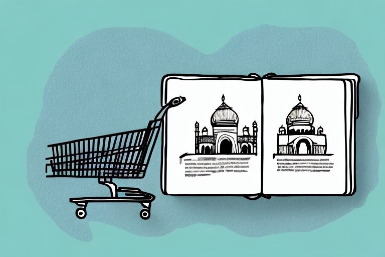 A book being placed in an amazon-styled shopping cart against the backdrop of famous indian landmarks