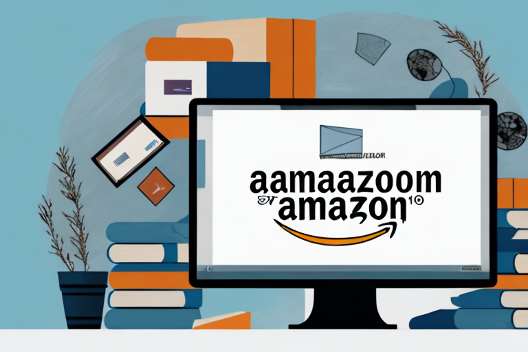 A stack of various types of books next to a computer with the amazon website displayed on the screen