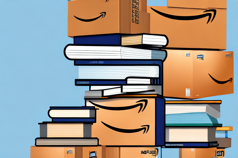 A stack of various books next to an amazon-branded shipping box