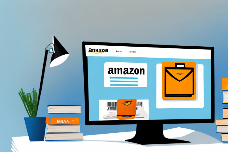 A stack of various types of books next to a computer with amazon's website on the screen