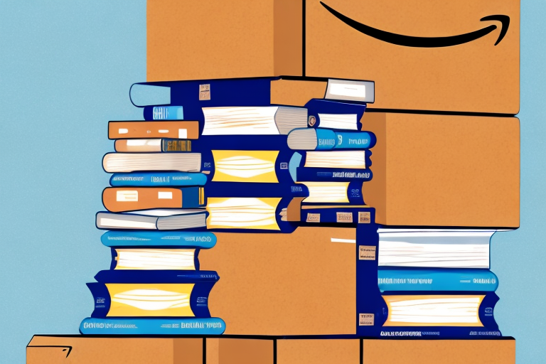 A stack of various used books next to an amazon shipping box