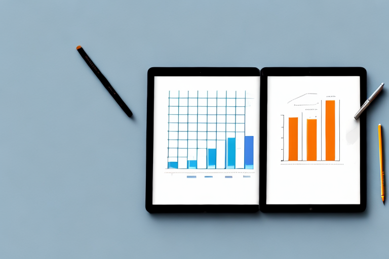 A stack of different sized books with a digital tablet displaying a bar chart