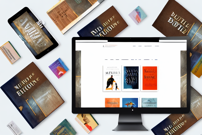 A website layout with a bookshelf displaying various books