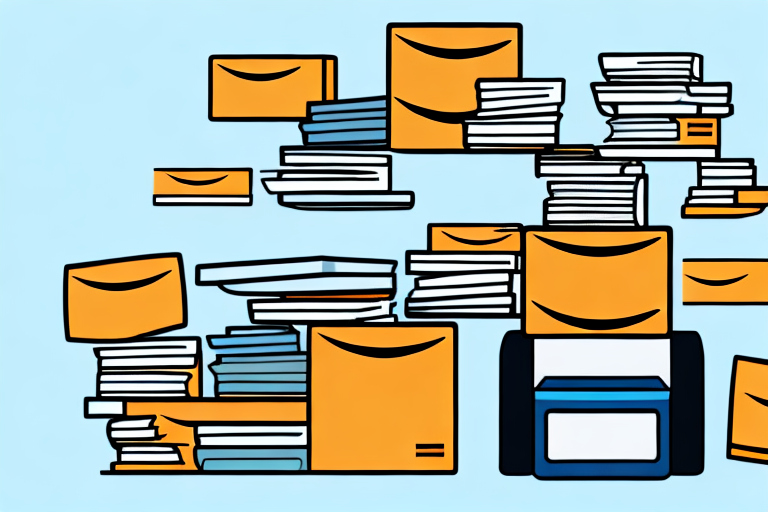 A pile of various books with a barcode scanner and a cash register