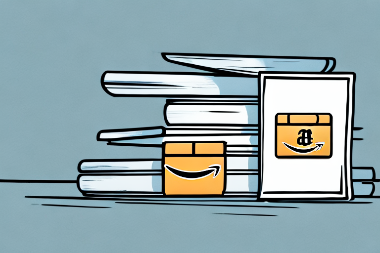 A stack of blank books next to a stylized amazon box