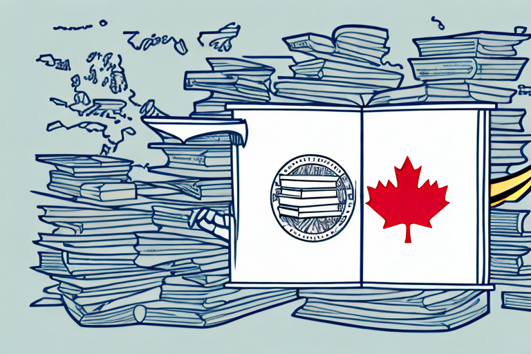 A stack of various books with an amazon delivery box and a stylized map of canada in the background