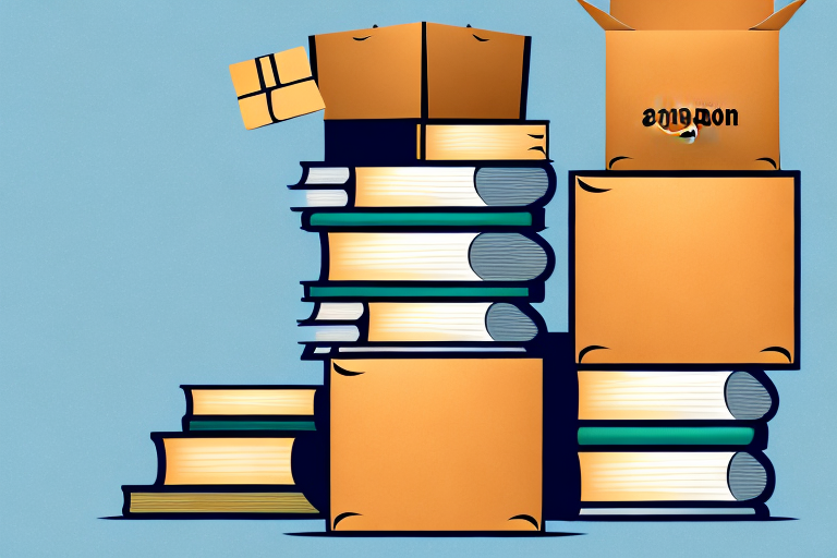 A stack of various books next to a box labeled with the amazon logo