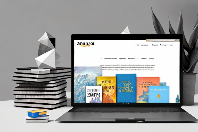 A stack of books next to a laptop displaying amazon's homepage