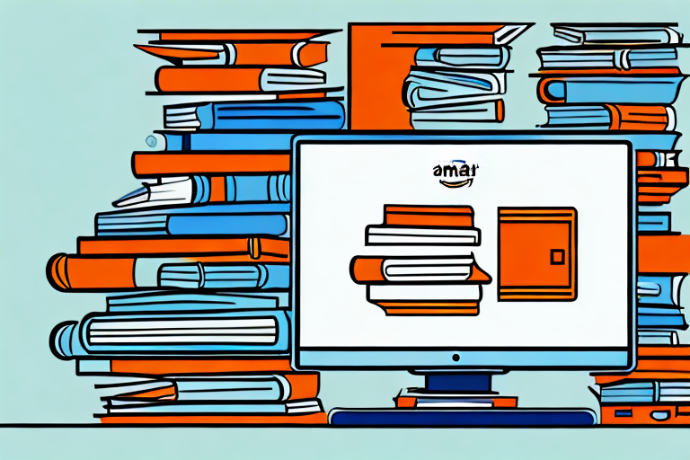 A pile of old books next to a stylized depiction of a computer screen displaying an amazon india interface