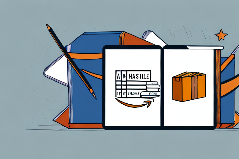 A stack of various self-published books next to a stylized amazon box