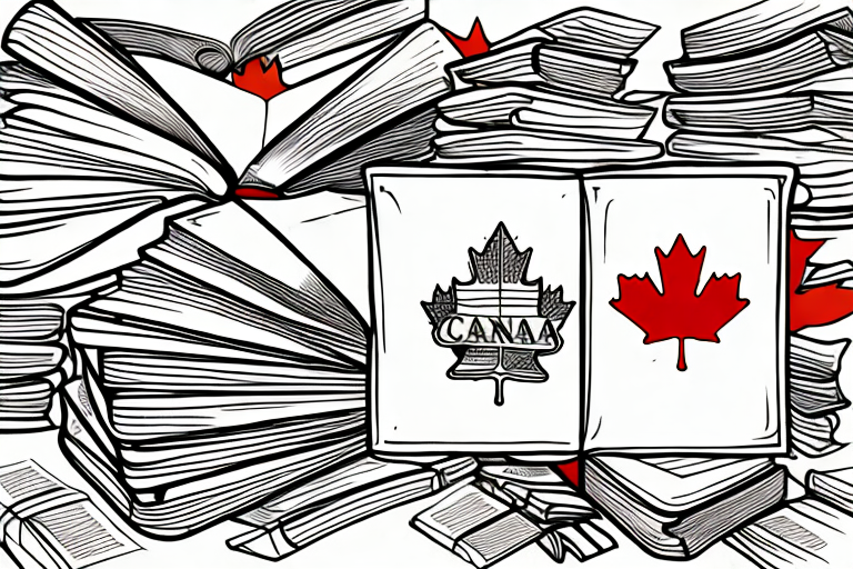 A stack of various used books with an amazon shipping box and a stylized map of canada in the background