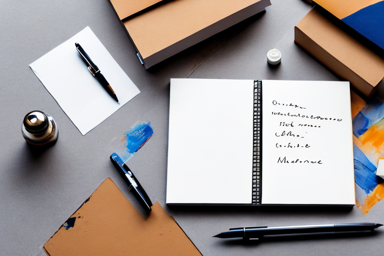 A stack of handwriting books next to an amazon delivery box on a desk with a pen and ink bottle