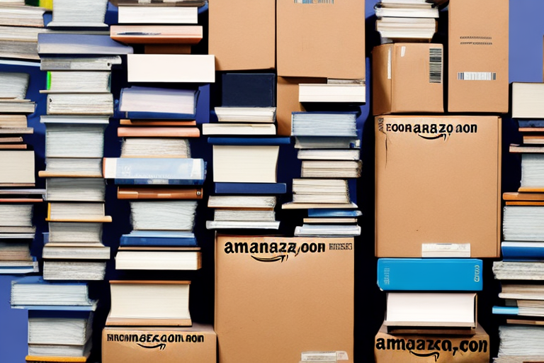 A stack of various used paperback books next to an amazon shipping box