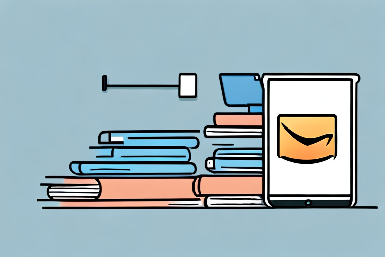 A stack of various books next to a stylized amazon box