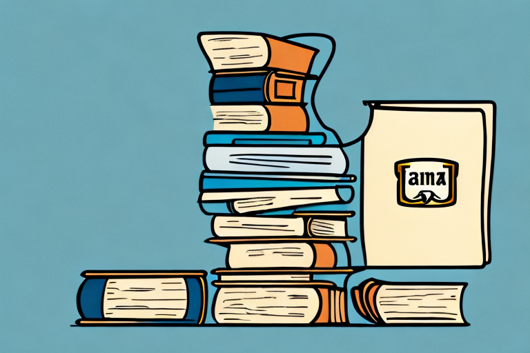 A stack of various books next to a stylized amazon box