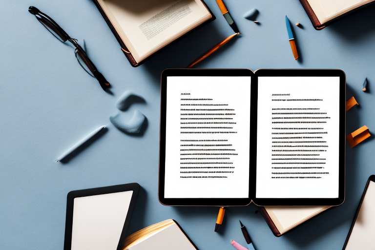 A stack of various shaped books with a kindle device on top