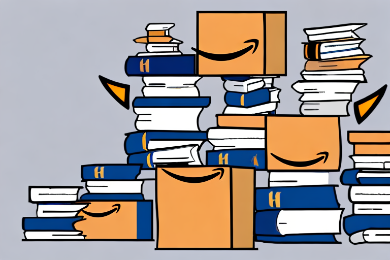 A pile of various textbooks next to an amazon-branded box