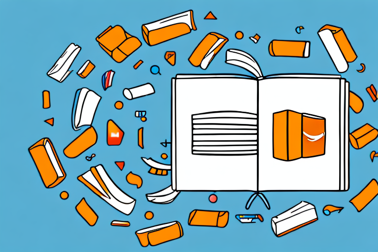 A stack of textbooks next to a stylized amazon marketplace icon