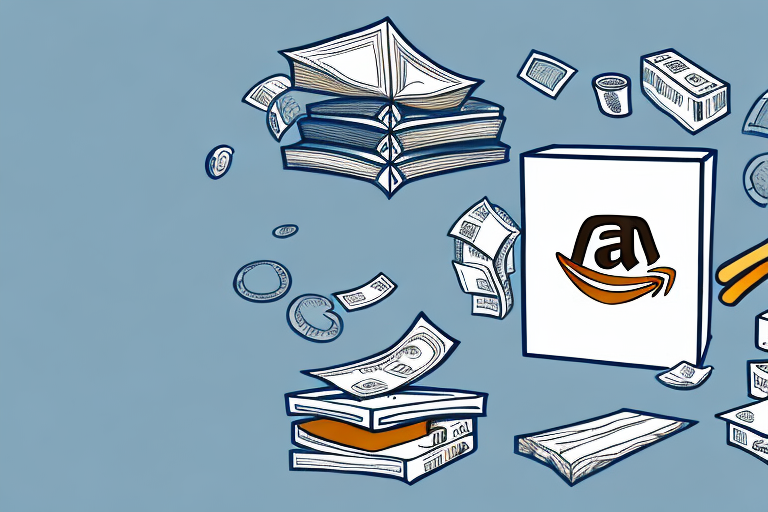 A stack of various textbooks next to an amazon-branded box