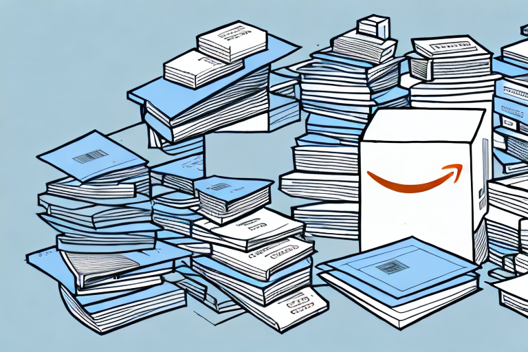 A stack of textbooks next to an amazon-branded shipping box