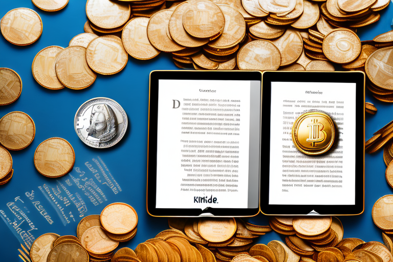 A kindle device surrounded by gold coins and dollar bills to symbolize lucrative earnings from kindle publishing