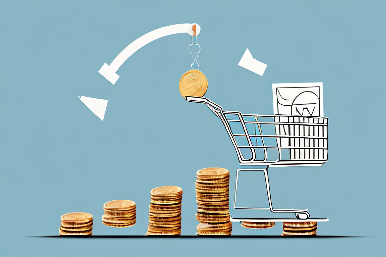 A balanced scale with a shopping cart filled with various items on one side and a pile of coins on the other