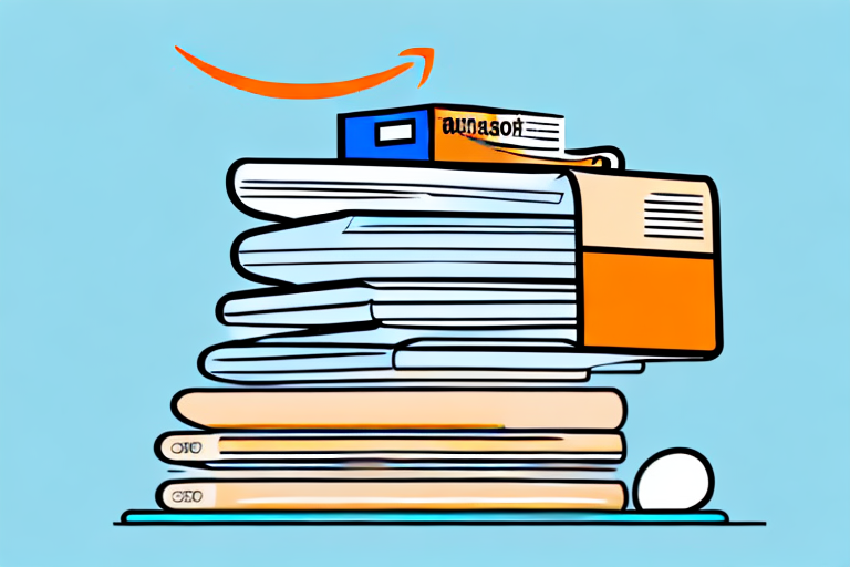 A stack of textbooks with an amazon box and a barcode scanner