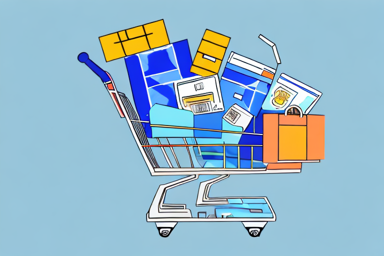 A shopping cart filled with various goods