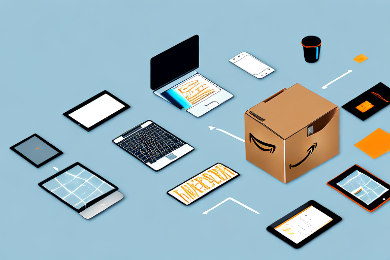 An amazon box being exchanged with a variety of electronic devices like a phone