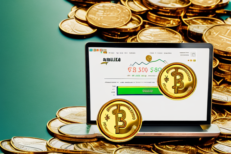 A pile of gold coins and dollar bills next to an open laptop displaying a bar graph that indicates rising profits