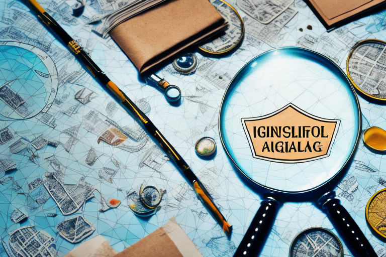 A magnifying glass hovering over a stylized map with various items (representing amazon products) scattered across it