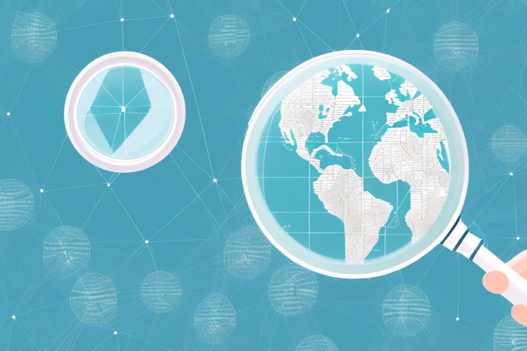 A magnifying glass hovering over a digital map with different pin locations