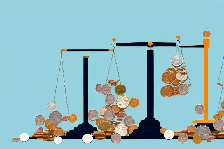 A balance scale with different types of products on one side and a pile of coins on the other