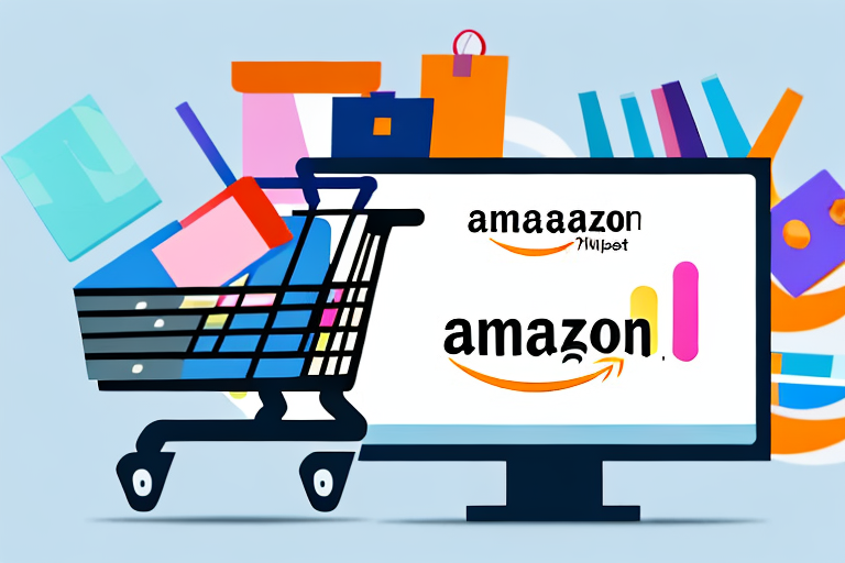 A shopping cart filled with various products in front of a computer screen displaying an amazon fba dashboard