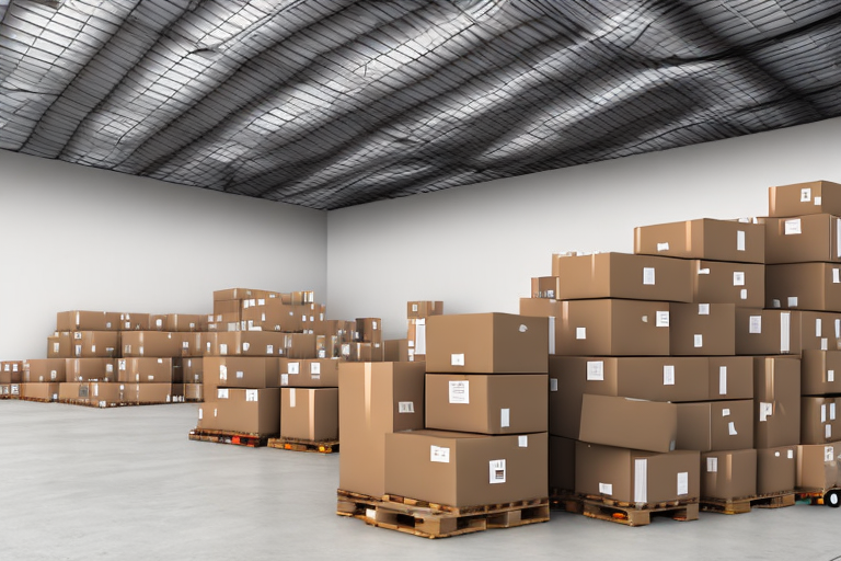 A delivery truck parked in front of a large warehouse