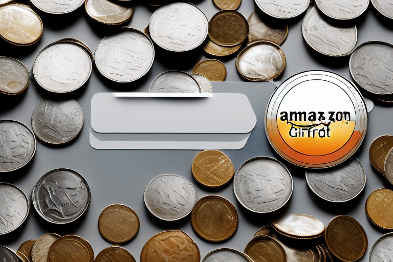 Various amazon gift cards being weighed on a balance scale against a pile of coins