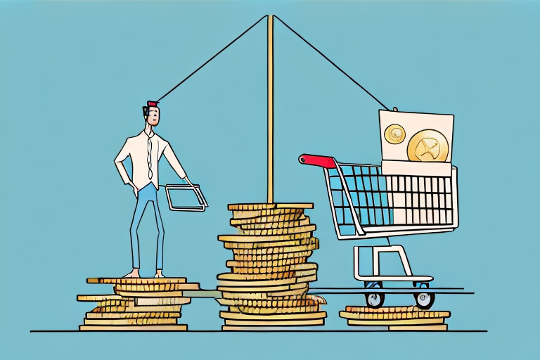 A balanced scale with a shopping cart on one side and a pile of coins on the other