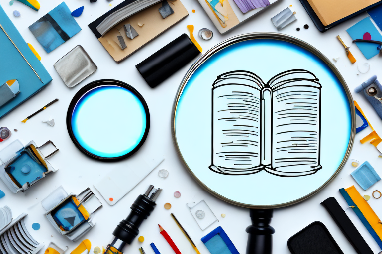 A magnifying glass hovering over a variety of different items like books