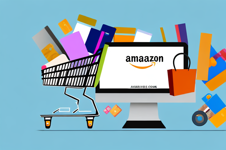 A shopping cart filled with various items and a computer screen displaying an amazon webpage in the background