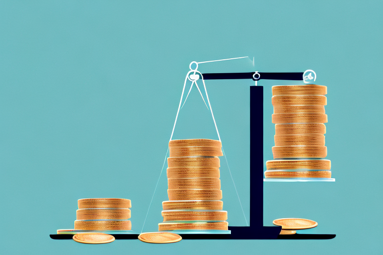 A balance scale with a product on one side and stacks of coins on the other