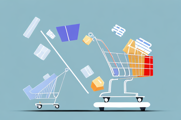 A balance scale with a shopping cart filled with goods on one side and an amazon package on the other side