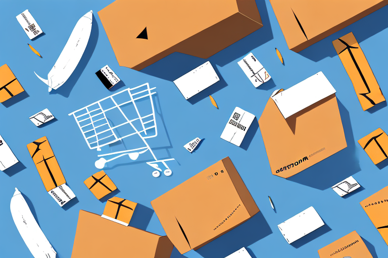 A variety of retail products being packed into a box labeled with amazon's iconic arrow symbol