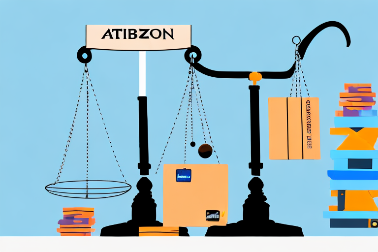 A balance scale with a pile of diverse products on one side and an amazon package on the other