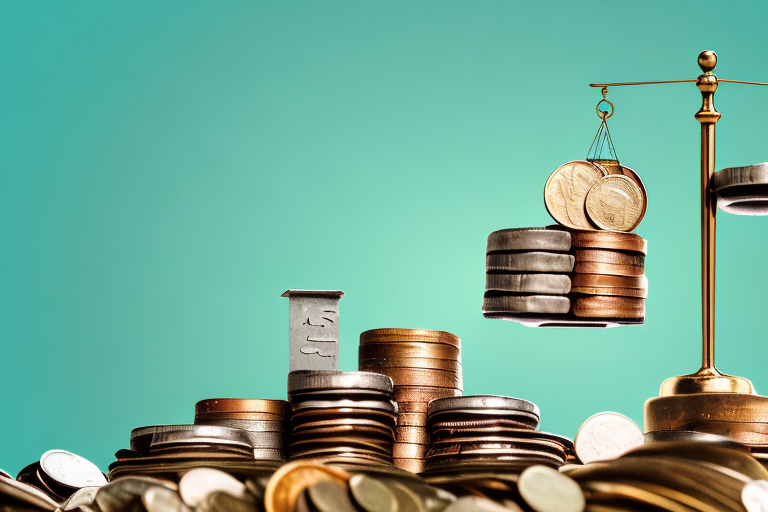 A scale balancing a box with a barcode on one side and a pile of coins on the other