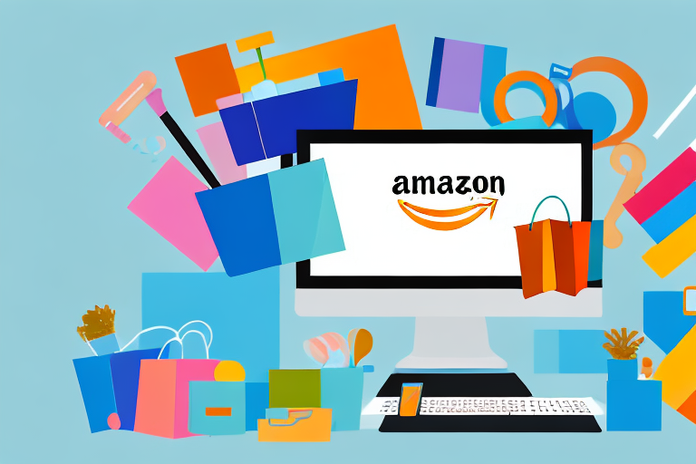 A shopping cart filled with various products in front of a computer screen displaying the amazon website