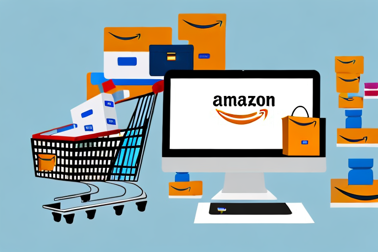 A shopping cart filled with various products next to a computer displaying the amazon website