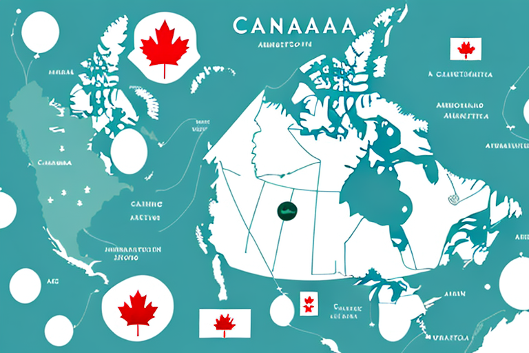 A map of canada with symbolic representations of goods and a scale