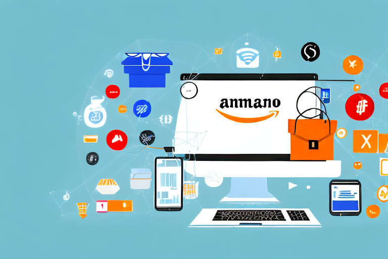 A computer screen displaying multiple ecommerce platforms with arrows indicating the buying and selling process